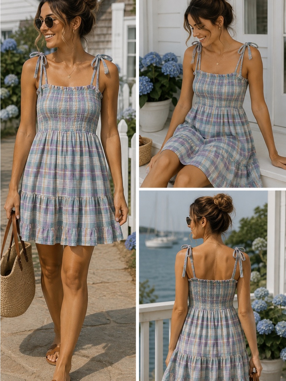 NWT Plaid Tie-Shoulder Smocked Tiered Mini Dress With Pockets - Size Medium